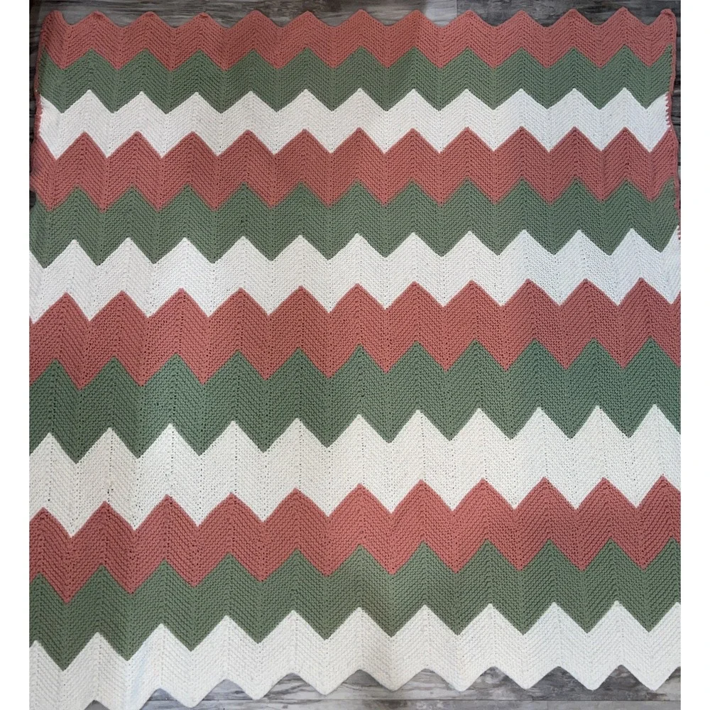 Vintage Crochet Afghan Blanket Zig Zag Chevron Pink Sage Green 61 x 57 In